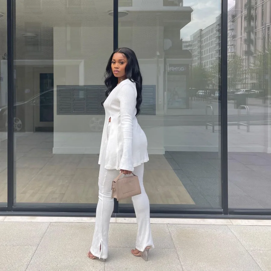 Custom Logo 2 Piece Set Fall Amazon Flared Sleeve Legging Pants T-Shirt Top Outfits Women V-Neck Suit Solid Color Two Piece Set