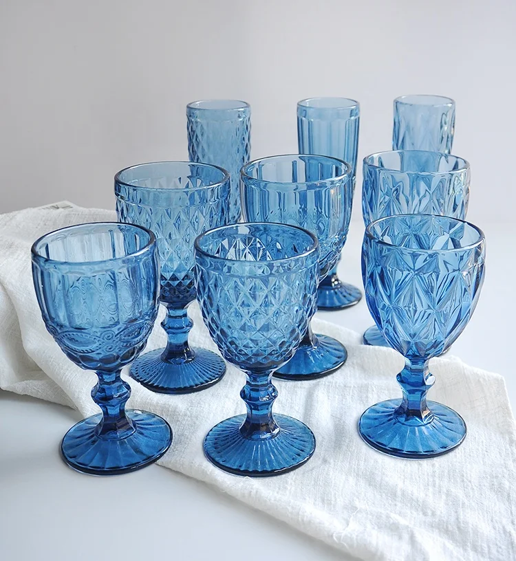 wholesale cheap black/blue/purple/green glass wine glasses water goblet embossed glassware set
