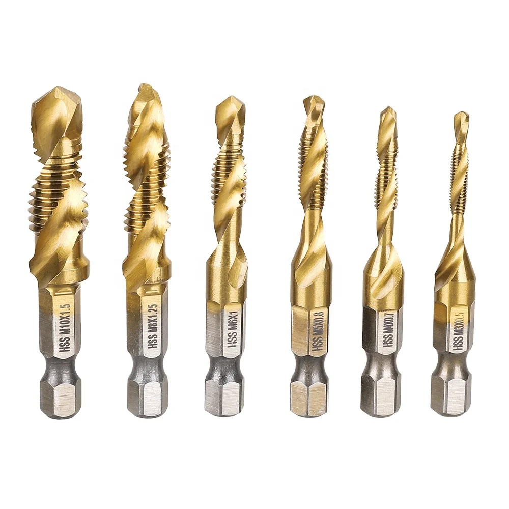 
6Pcs Hex Shank Titanium Plated HSS Screw Thread Metric Tap Drill Bits Screw Machine Combined tap M3 M4 M5 M6 M8 M10 Hand Tools 