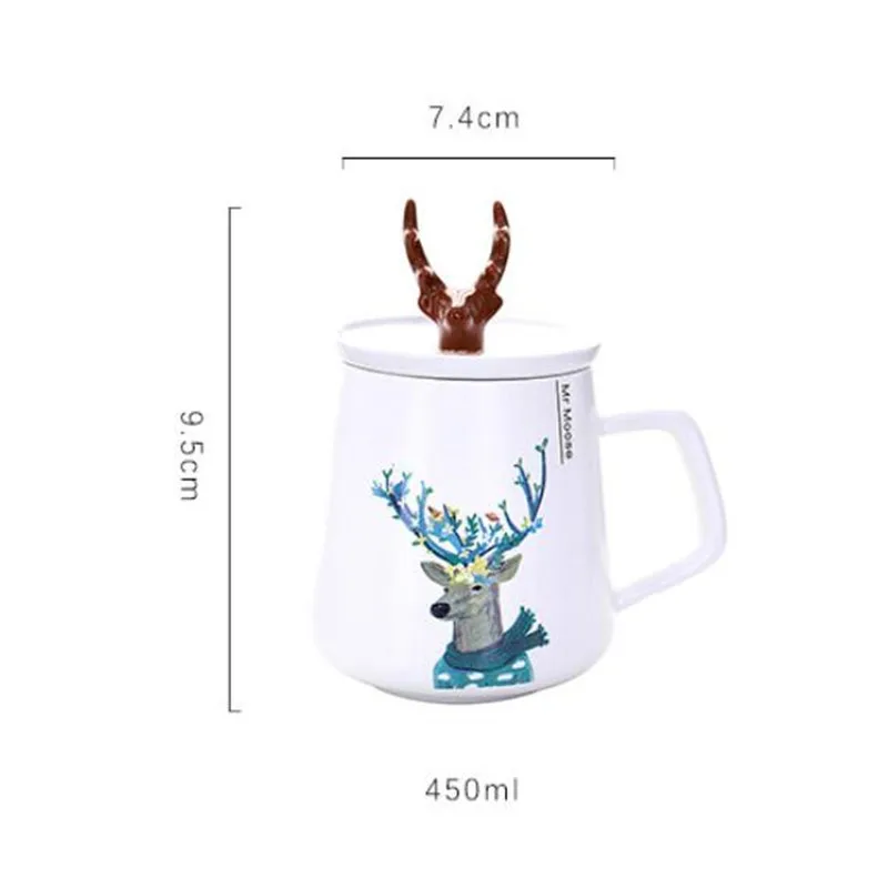 450ml Hot Ins Creative  Handmade Cute Antler Ceramic Mug Tea Cups Ceramics Porcelain Office Coffee Cup with Lid
