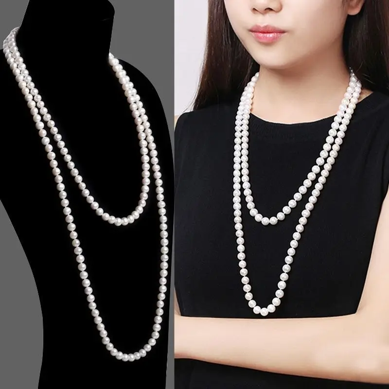 Long beads pearl necklace, bridal pearl necklace jewelry, women chain necklace