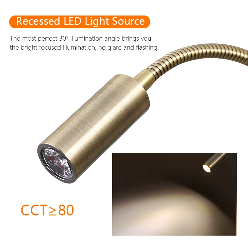 Hot sell 3W LED bronze surface goose neck flexible and adjustable hotel bedroom bedside Wall Mounted book light for reading