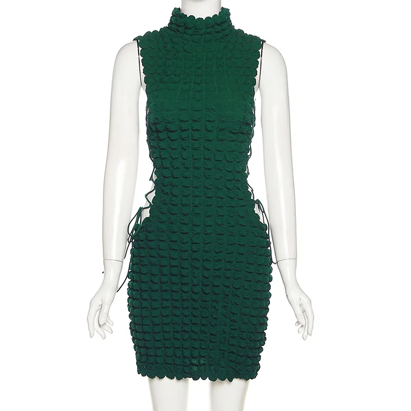 2022 hot sale women mock neck bodycon dress sleeveless hollow out side strip sexy pencil mini dress summer apparel