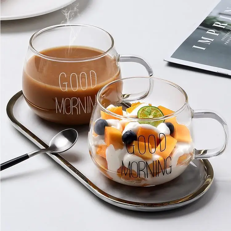 350ml High Temperature Resistant Glass Breakfast Mug With Handle Good Morning Microwave Glass Water Cup
