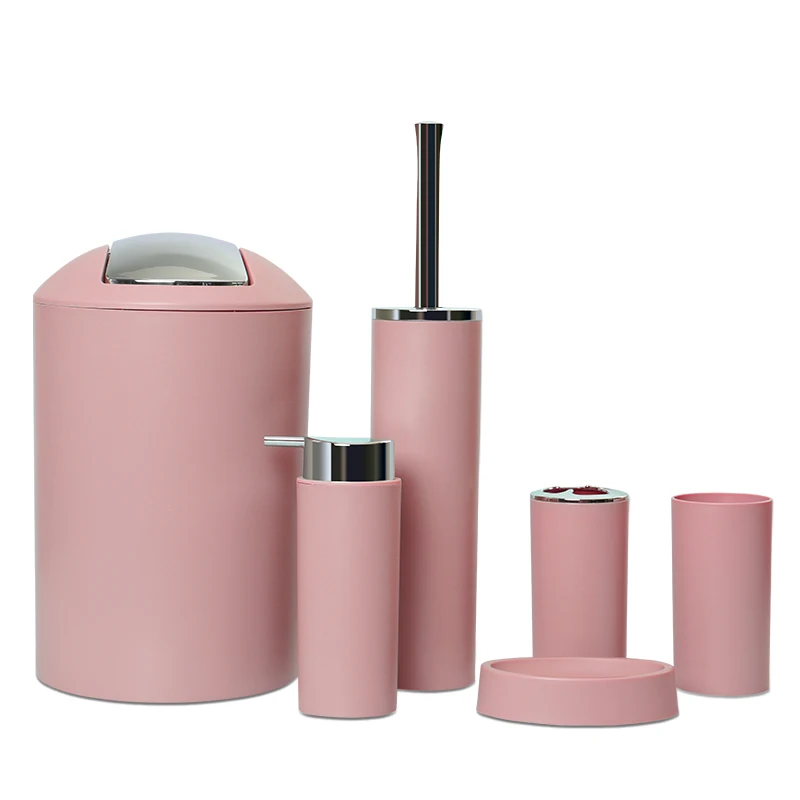 Luxury Pink Toilet Accessories Solid 6 Piece Plastic Bathroom Accessories Set of Soap Dispenser Waster Bin Soap Dish