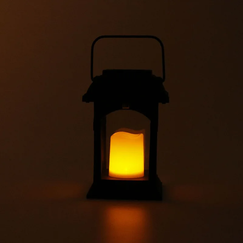 Hanging Decorative Lights Portable Solar Square Metal Flame Flicker Candle Lantern Lamp