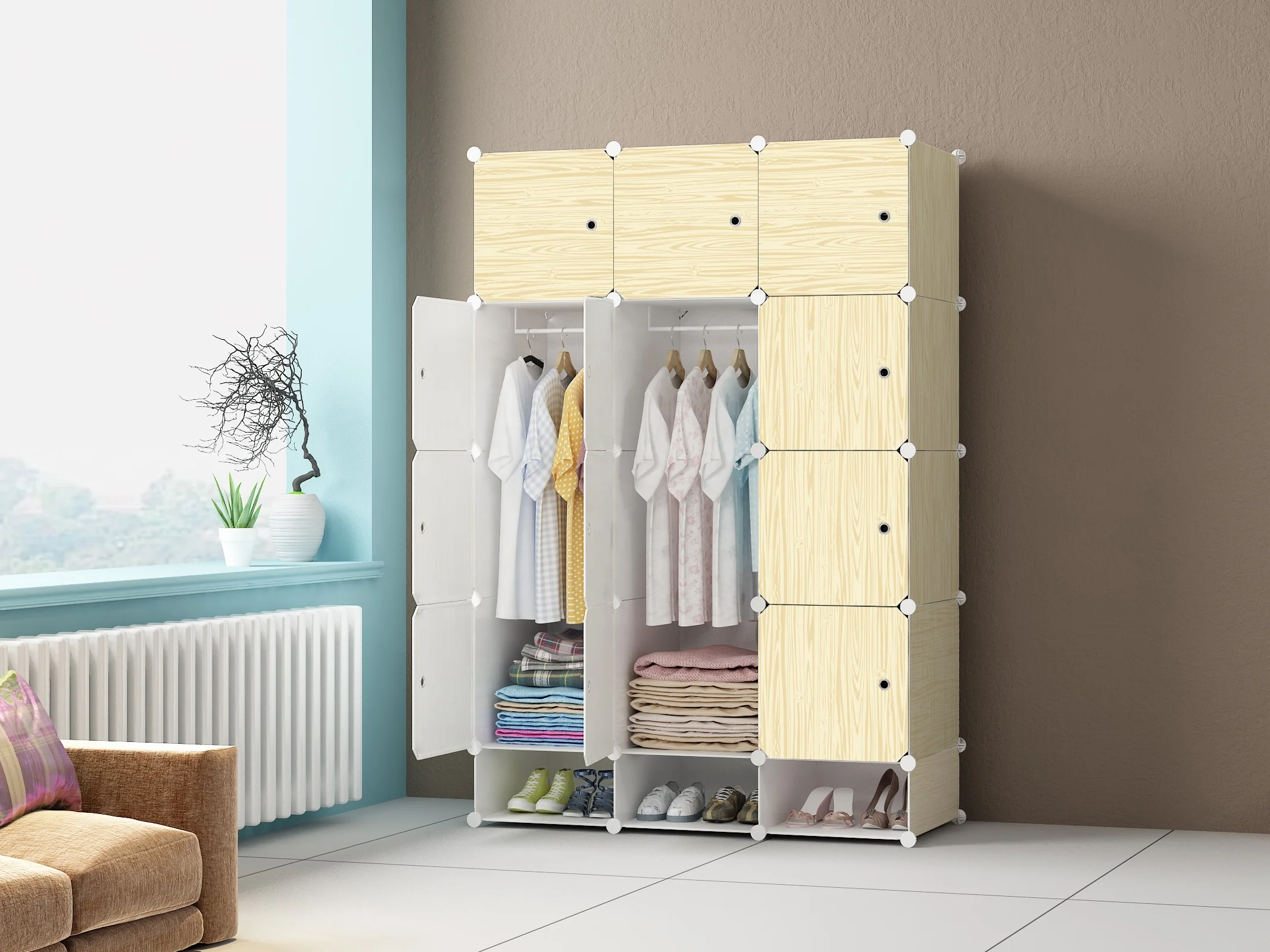 DIY экологический pp материал шкаф для одежды с деревянным