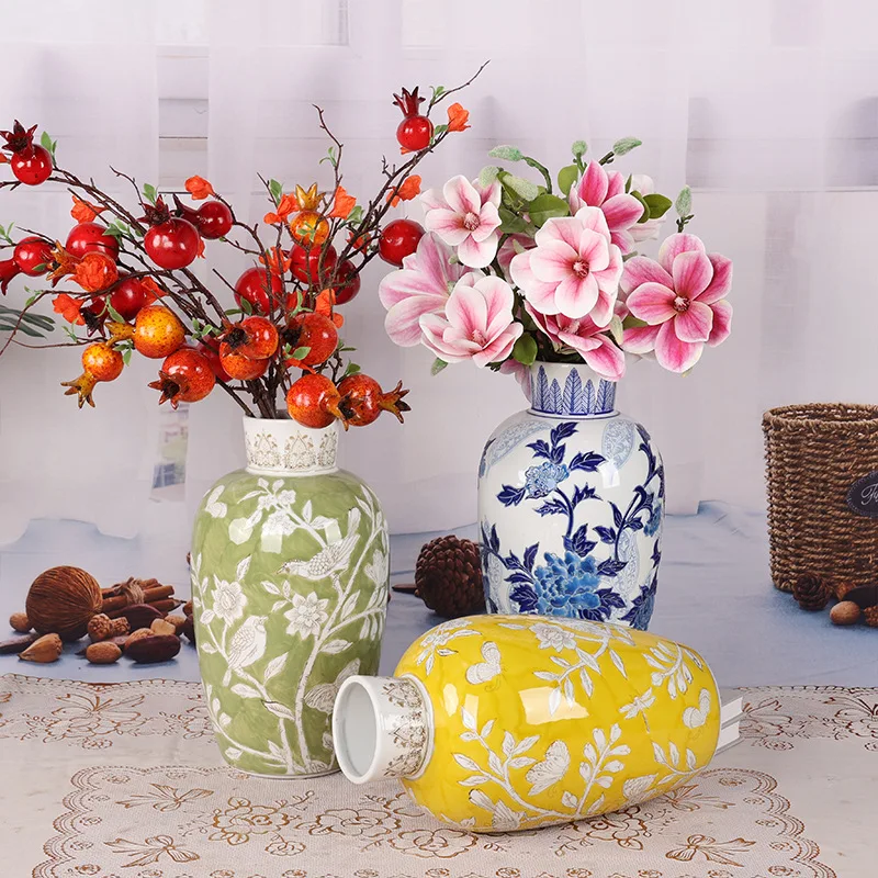 High-Grade Light Luxury Chinese Retro Style Ceramic Vase Blue White Flower Ware Home Use Living Room Dining Table Flower