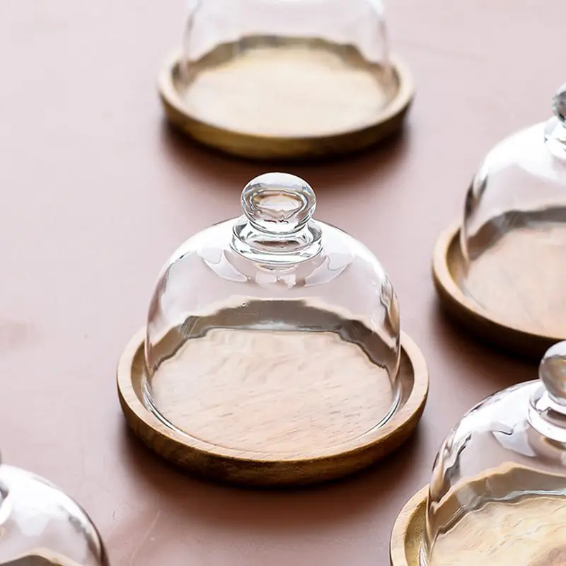 
Mini Wooden Dessert Stand Tray Fruit Cake Dish Wood Cake Display Plate With Glass Lid 