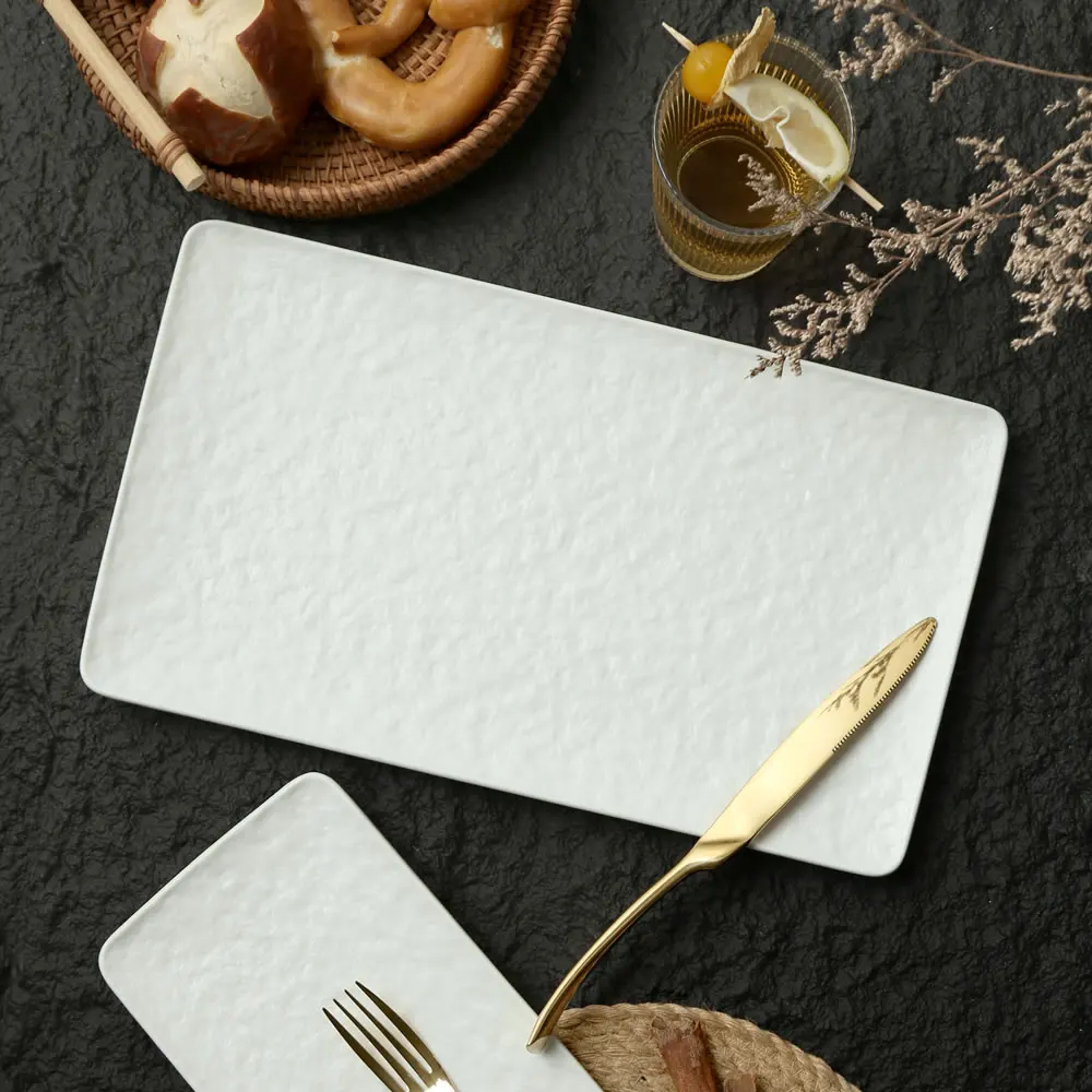 Restaurant Dinnerware Matte White Rock Texture Rectangular Ceramic Dinner Plates Long Porcelain Sushi Charger Plate