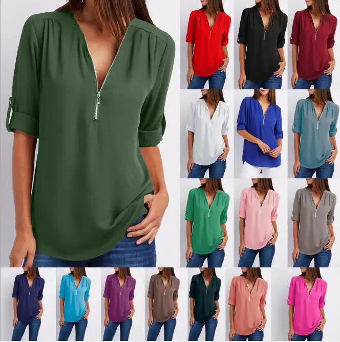 
Summer Women Tops Plus Size V-Neck Long Sleeve Chiffon Elegant Design Blouse Ladies Shirt Blouse for Women 