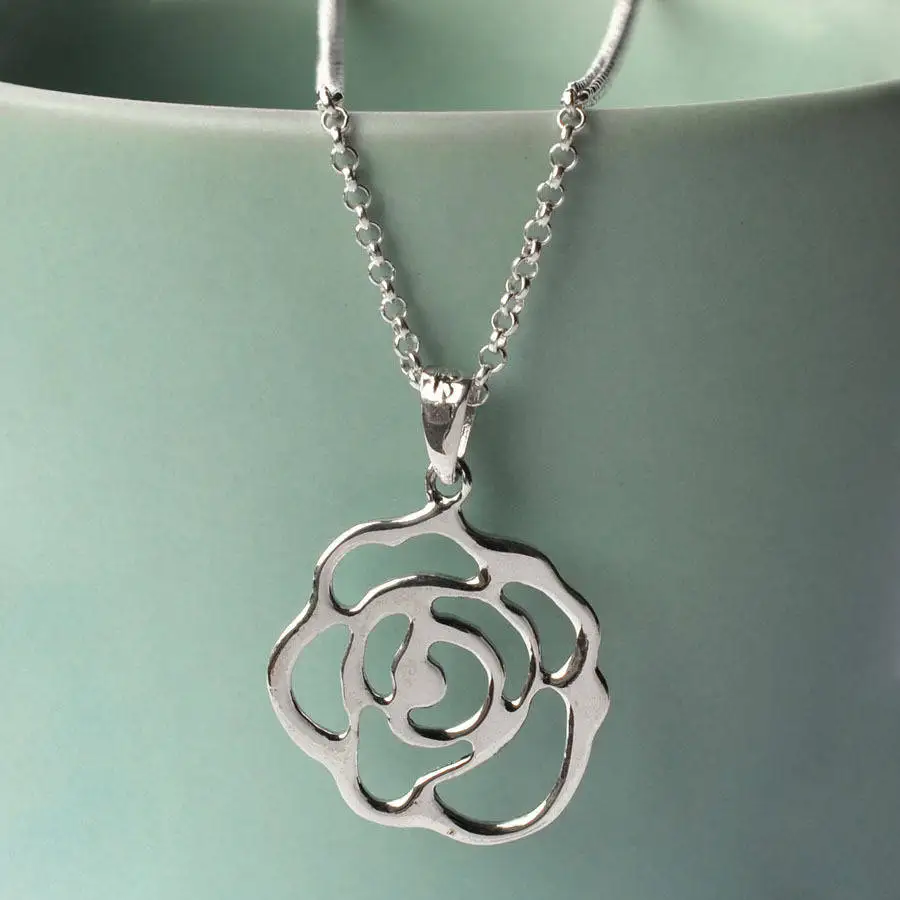 Wholesale high quality rose quartz flower charms necklace 18k 925 Sterling Silver Rose Necklace