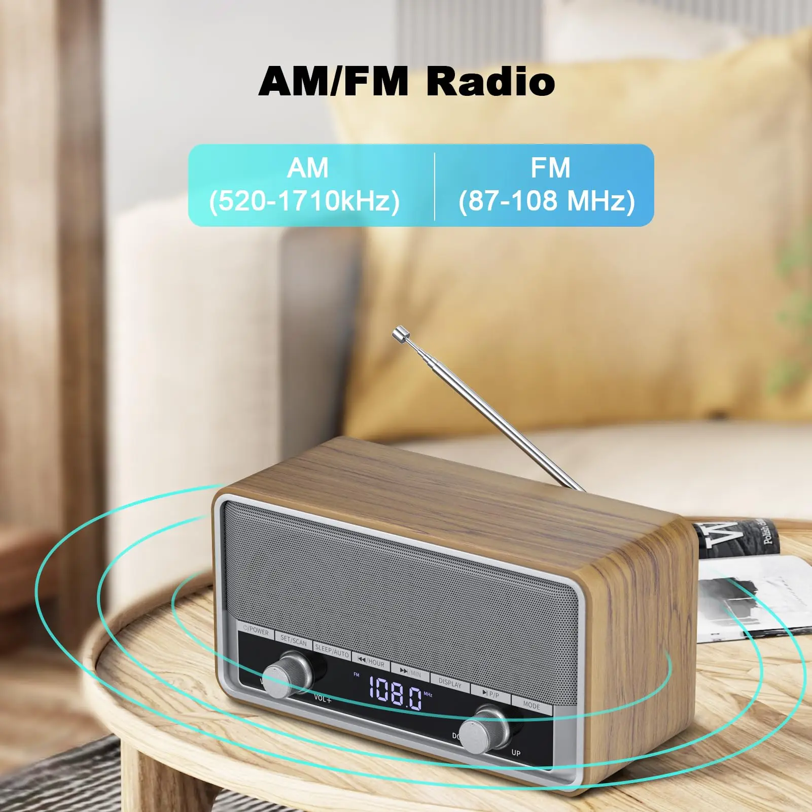 Vofull China Manufacturer Retro AC Powered or Battery Operated Stereo AM/FM Radio with Clock Display