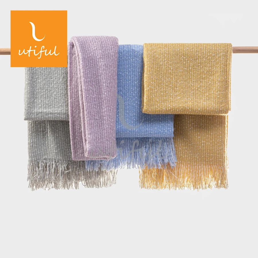 Warm stripe dots melange woven acrylic mohair throw blanket with tassels