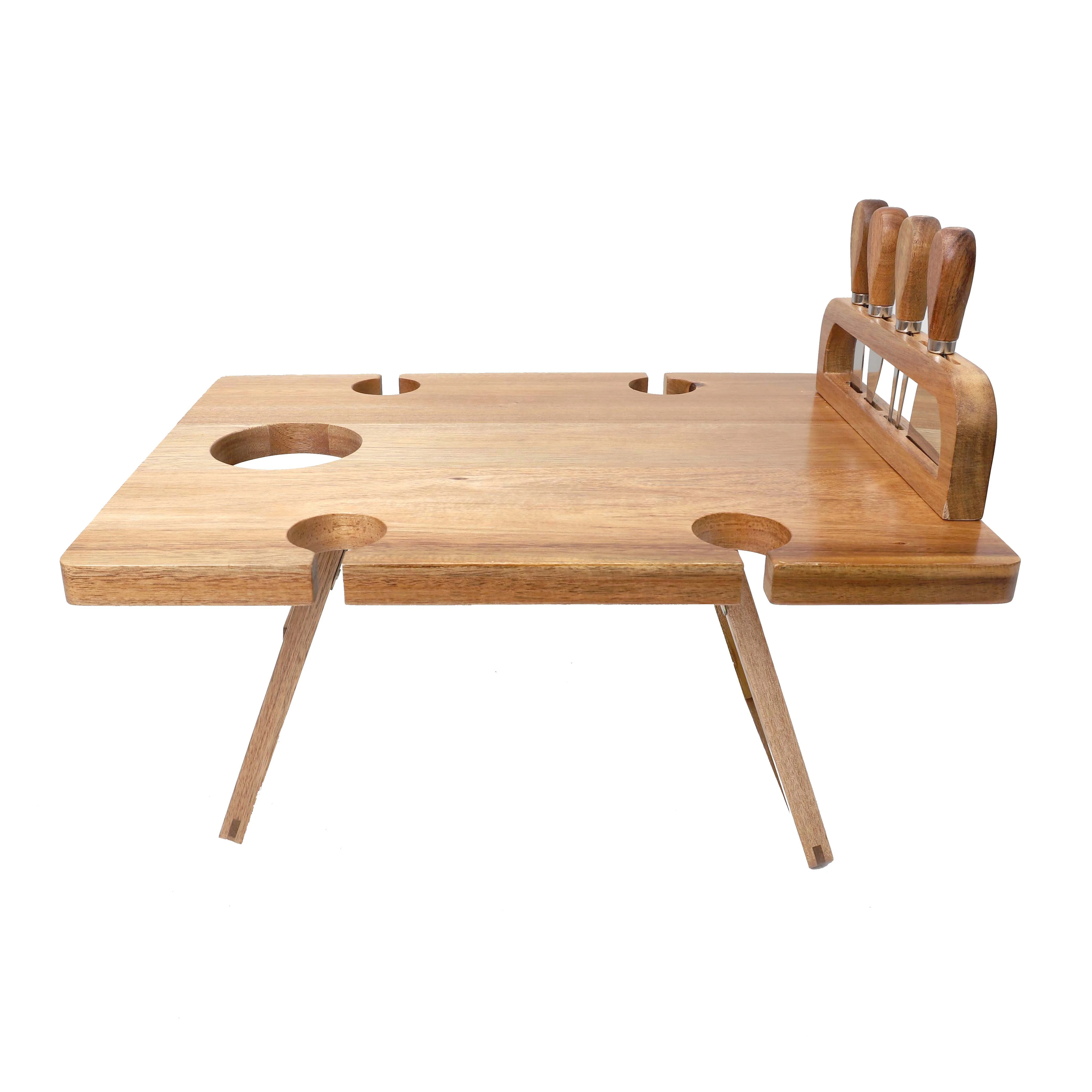 Bamboo acacia wood  outdoor folding portable picnic food table desk with 4 cutlery set