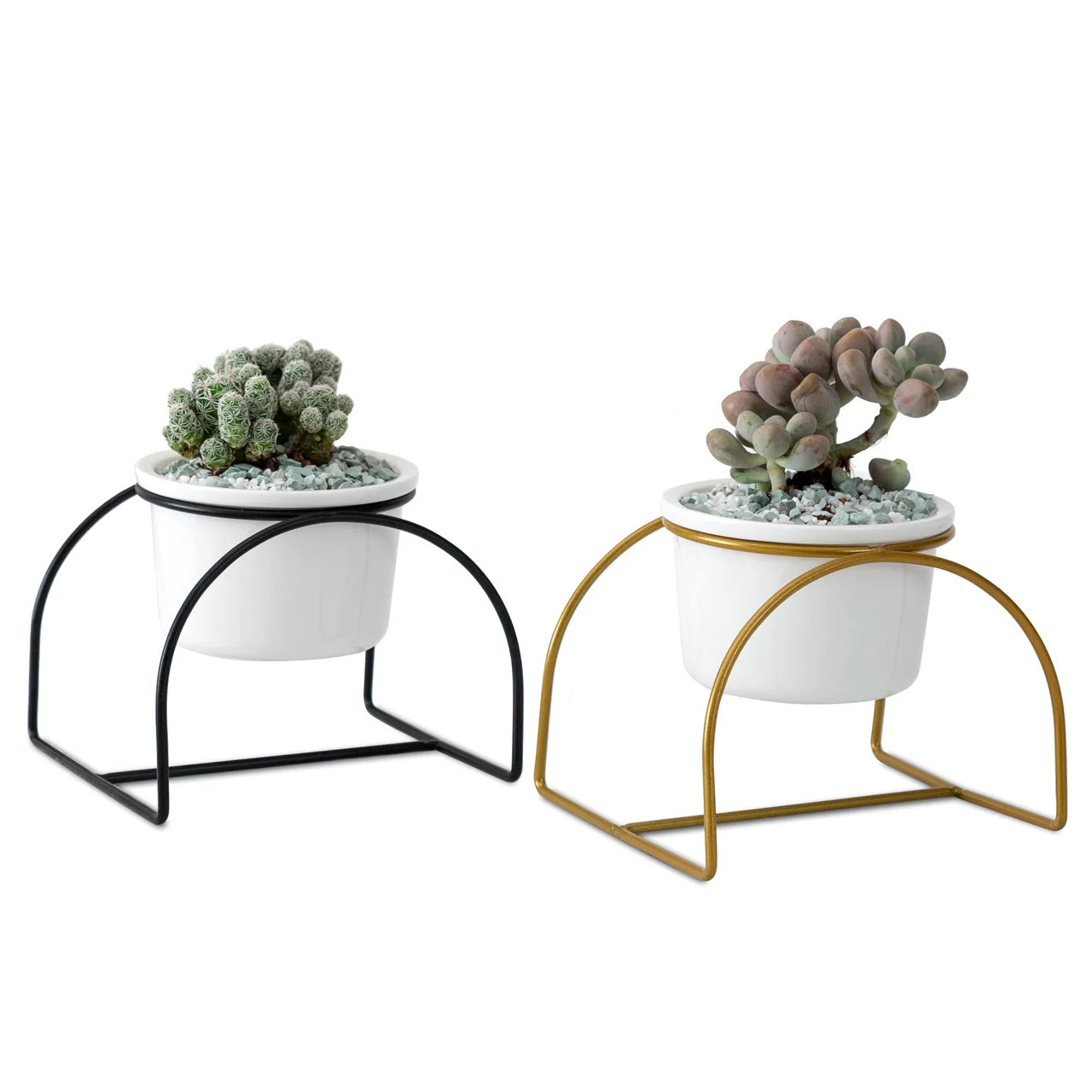 
Nordic simple ironwork ceramic small round pot arched iron frame fleshy ceramic flowerpot INS ironwork set 