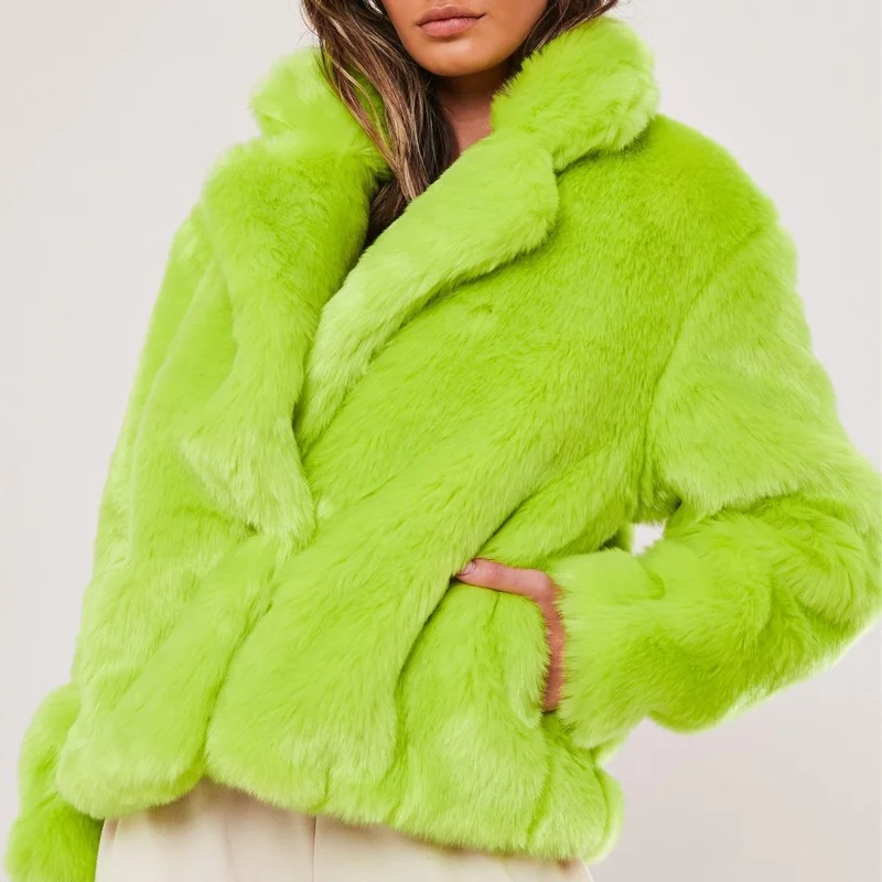 Custom color women thick winter jacket warm fleece neon green faux fur coat