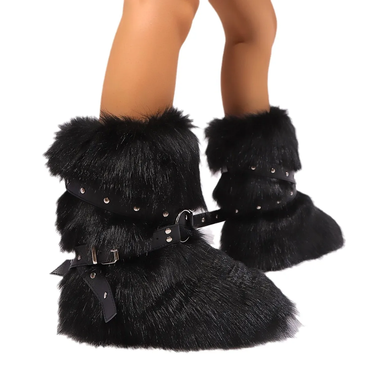 Women New Style Street Hot Girl Thick-soled Winter Boots Punk Imitation Rivet Fur Boots Lace-up Snow Boots For Ladies
