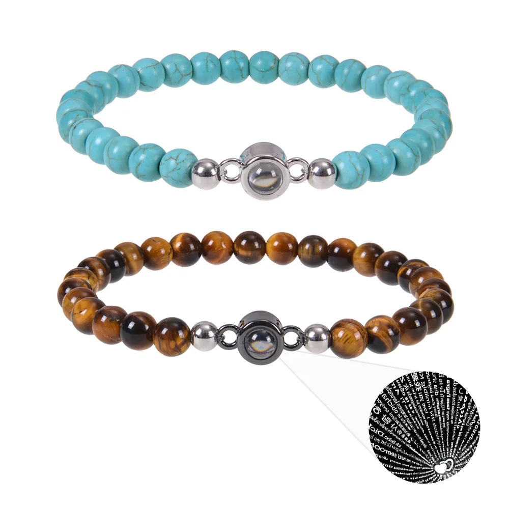 Wholesale 6mm  Natural Stone Projection Bracelet Couple 100 Languages I Love You Bracelet Stones For Bracelets