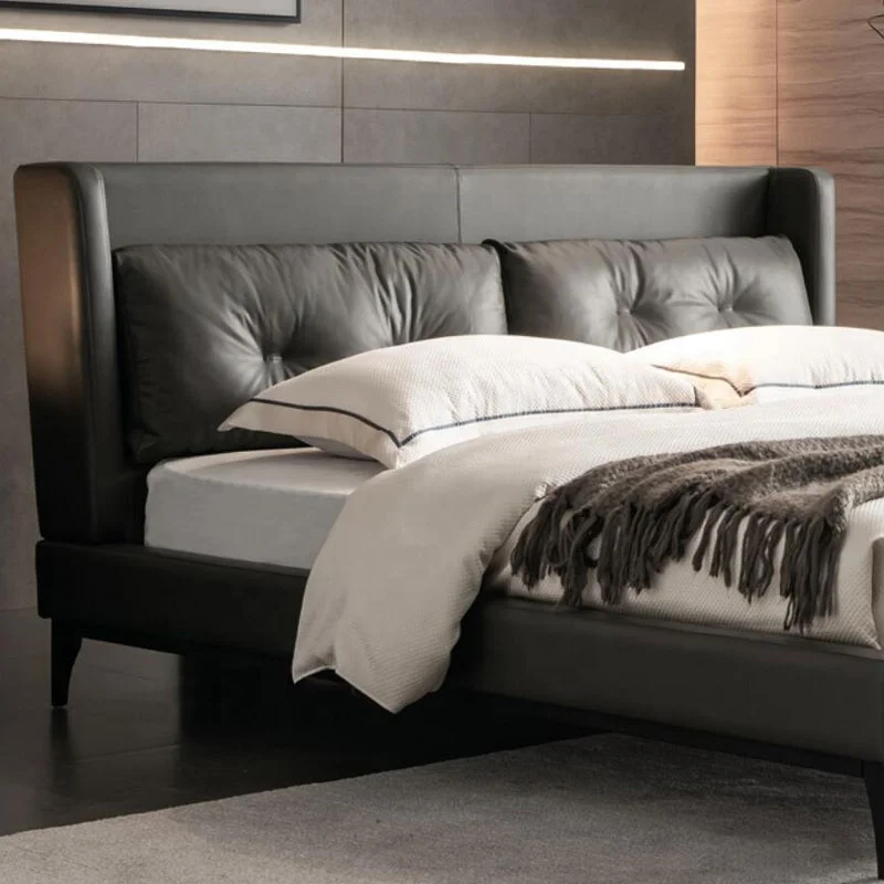 Fashionable luxury style villa bedroom furniture modern sofa bed solid wood frame dark gray comfortable leather bed