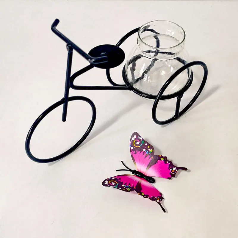 Retro iron three-wheeled bicycle model can be planted hydroponic green plants with glass containers