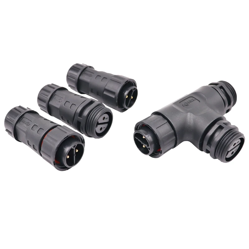 AOHUA IP67 2 3 pin power cable 1 in 2 out male female waterproof T junction connector