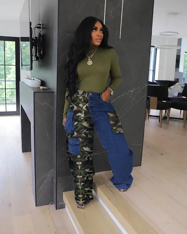 2024C301 Spring Denim Pants Washed Camo Patchwork Cargo Jeans With Pockets For Women Casual Jean Good Quality Jeans