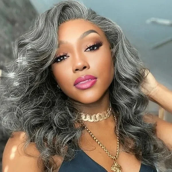 Hot selling 100% human hair wig Salt and Pepper loose wave lace front wigs 180% Density silver grey wigs for women
