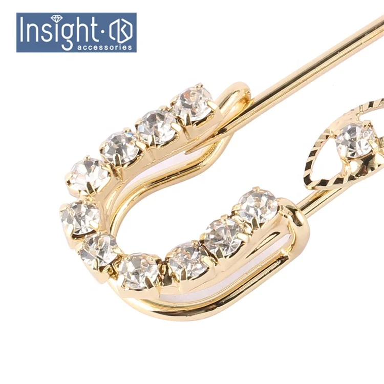 1.6*6.5cm Gold Plated Baby Pins Brooch Rhinestone Crystal Muslim Islamic Hijab Scarf Safety Pins Brooches For kids