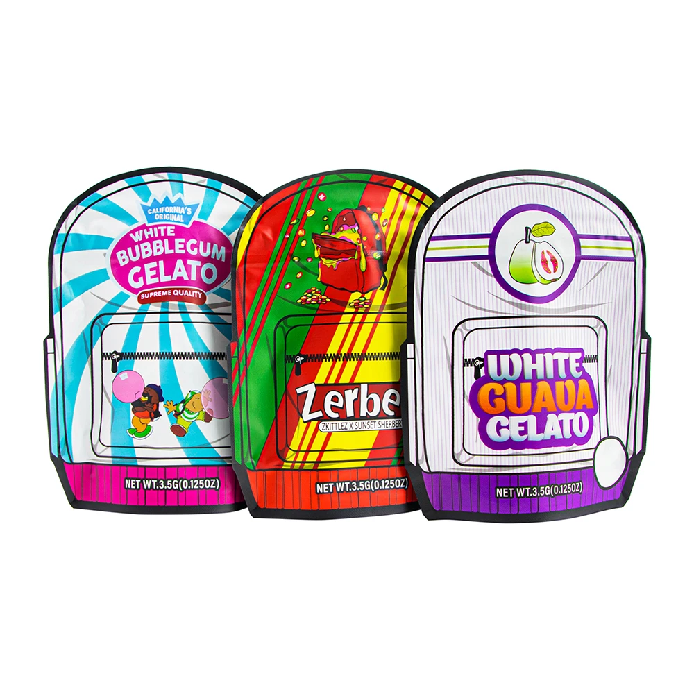 Custom Printed 3.5 gram Special Shaped Plastic Bag Resealable Edible Backpack Irregular Die Cut Smell Proof Ziplock Mylar Bags