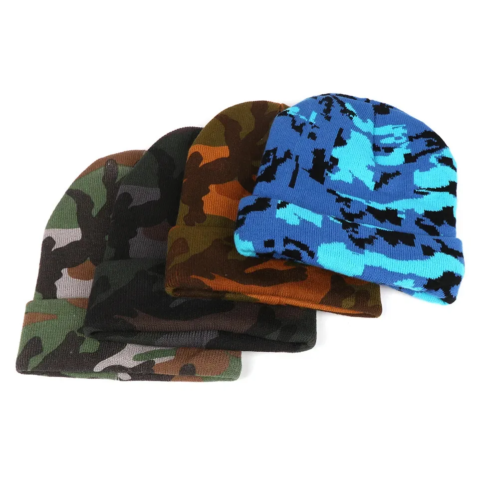Custom Camo Jacquard Knitted Beanie Hat for Winter Printed Skull Pattern Super Step Designer Logo Autumn & Beach Appropriate