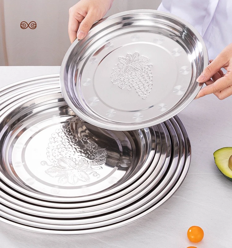 Wholesale price SS410 stainless steel Arab flower plate round pattern dinner food fruit plate serving tray