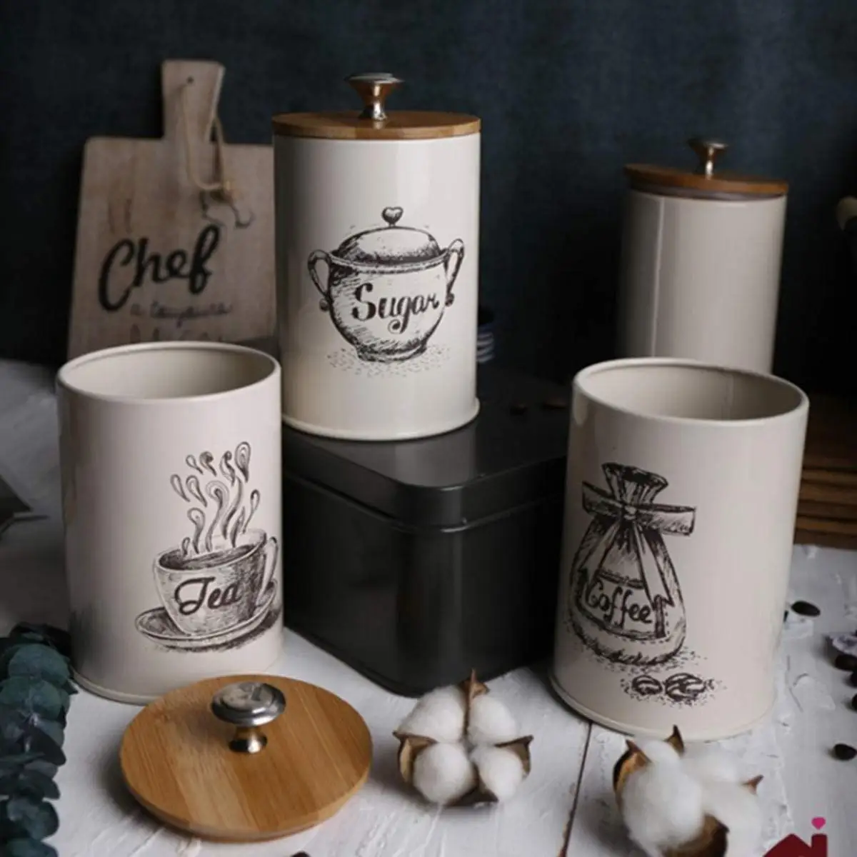 Set of 3 piece Kitchen Canister Jars with Bamboo Wooden Lids White Metal Rustic Vintage Canister Sets