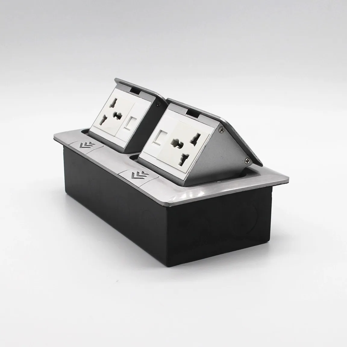 Aluminum alloy pop-up floor box with 2 gang universal socket