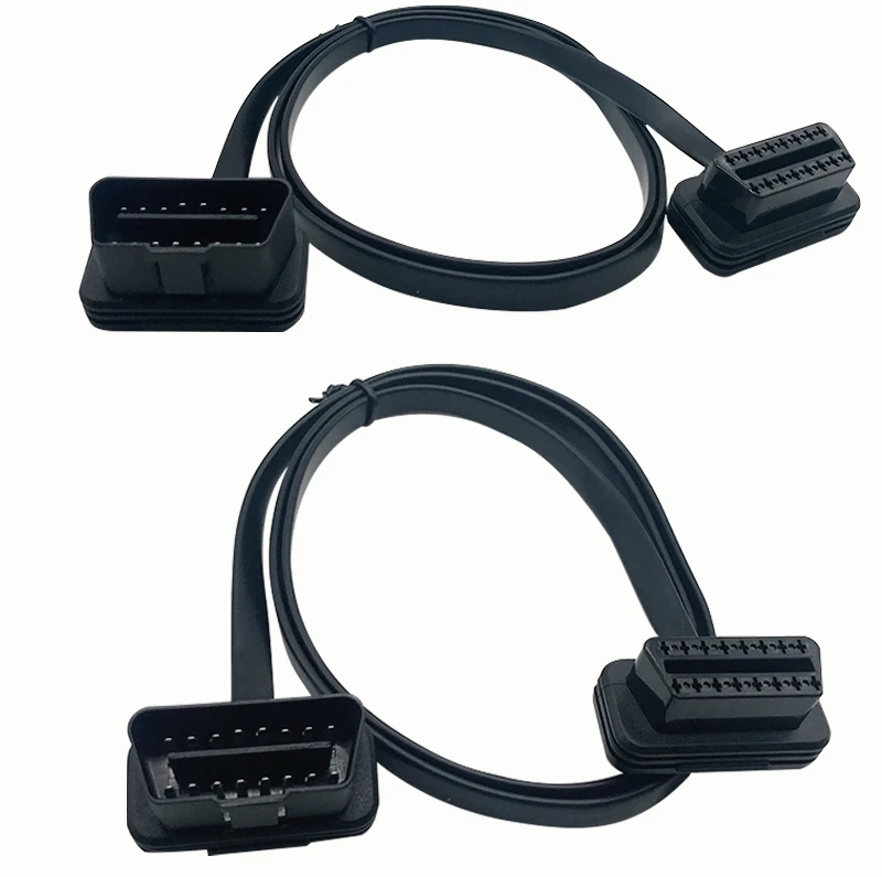 Low Profile Flat Ribbon OBD Diagnostic Cable Male to Female 16 Pin J1962 OBDII Right Angle Extension Wire OBD Extension Cable
