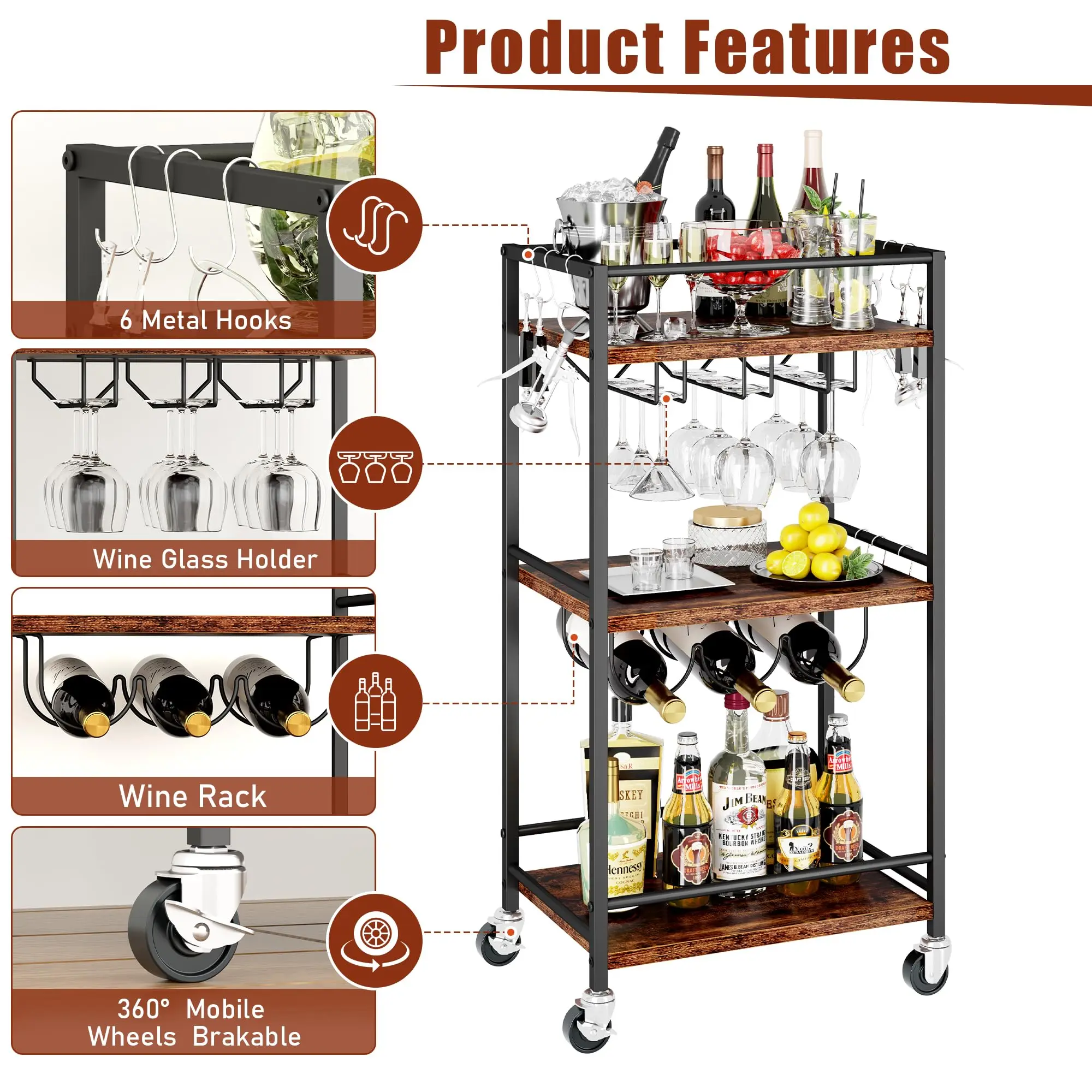 3 Tier Utility Service Cart Fruit Storage Baskets Rack for Industrial Island Food Trolley with Handle Rolling Storage Carts