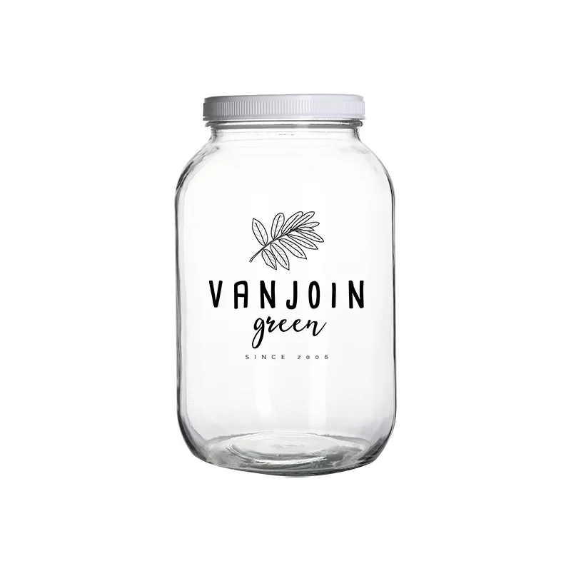 Empty 1 gallon Clear wide mouth round glass jar with black metal lid for vegetable beef chicken bone broth Protein powder