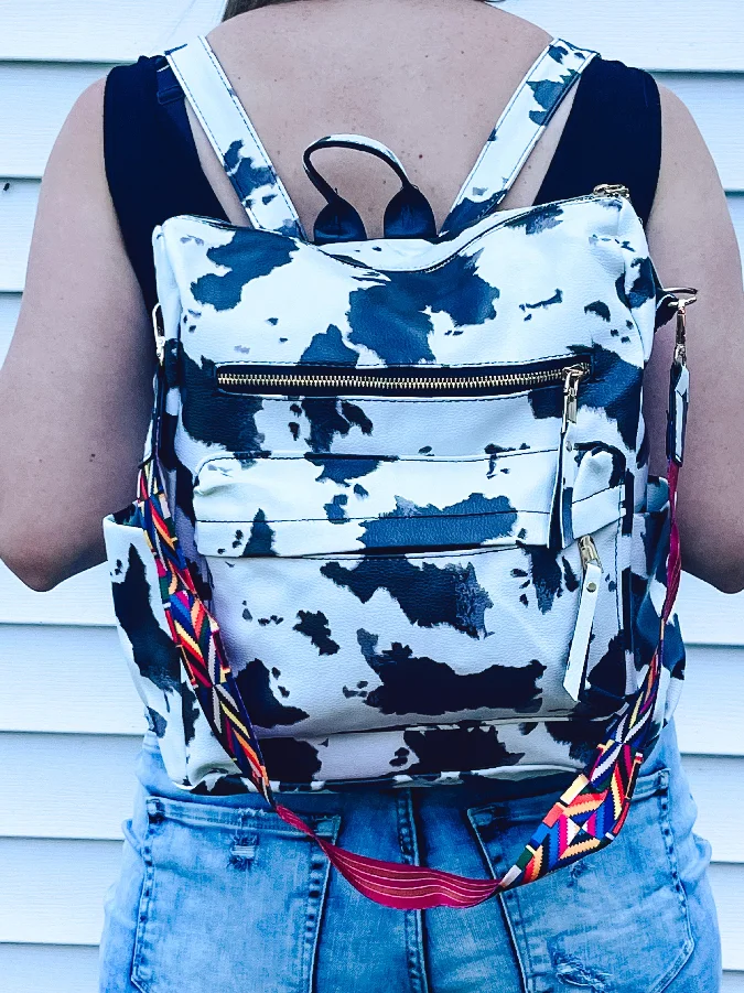Vegan Leather Adjustable Cow Print Backpack Purse Leopard Convertible Backpack With Leather Strap