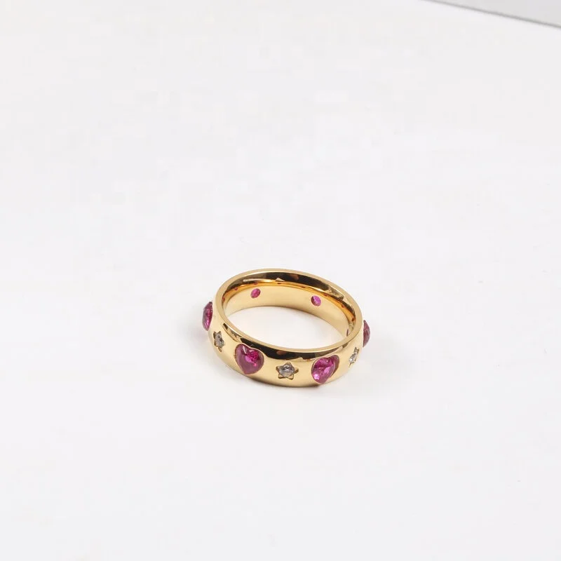 New arrival fashion stainless steel 18K gold plated zircon diamond inlaid red heart star rings women lady girls jewelry