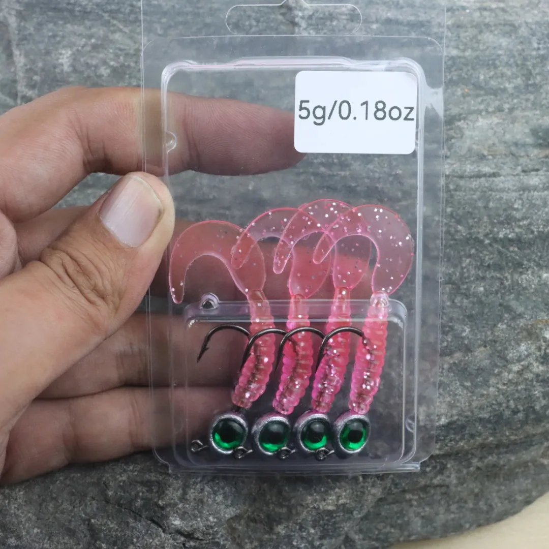 New Pre rigged soft lures 5.5cm 3.5g/5g 5pcs/bag 4pcs/bagwith Jig Head Hooks Worm Tail Lure Grub Baits