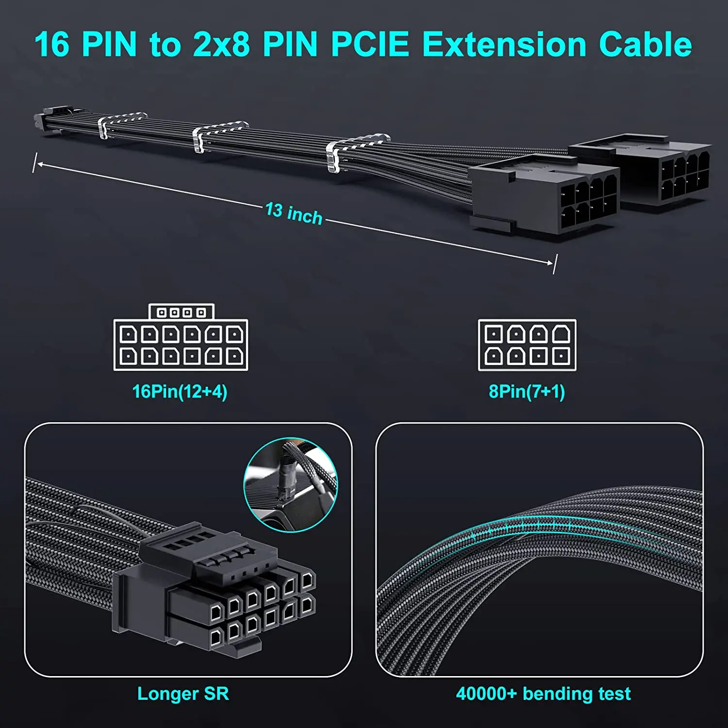 12VHPWR 16Pin Extension Cable 16Pin(12+4) Male To 2X8Pin Female PCI-e 5.0 Sleeved Extension Cord GPU Power Cable