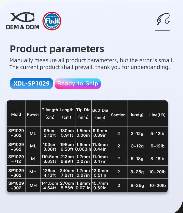 XDL 1.8m 1.98m 2.13m 2.4m 2.7m fishing spinning rod 10 feet fuji rod rings long casting fishing rod