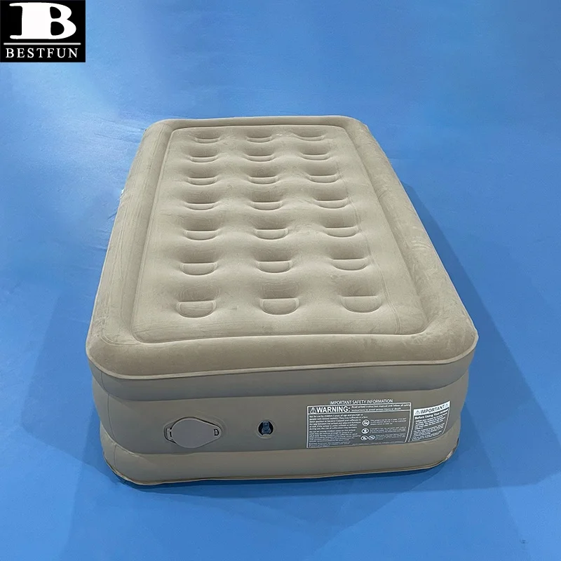 downy flocked top self-inflating twin size raised air mattress bed with built-in 2000mAh battery pump camping extra high aibed