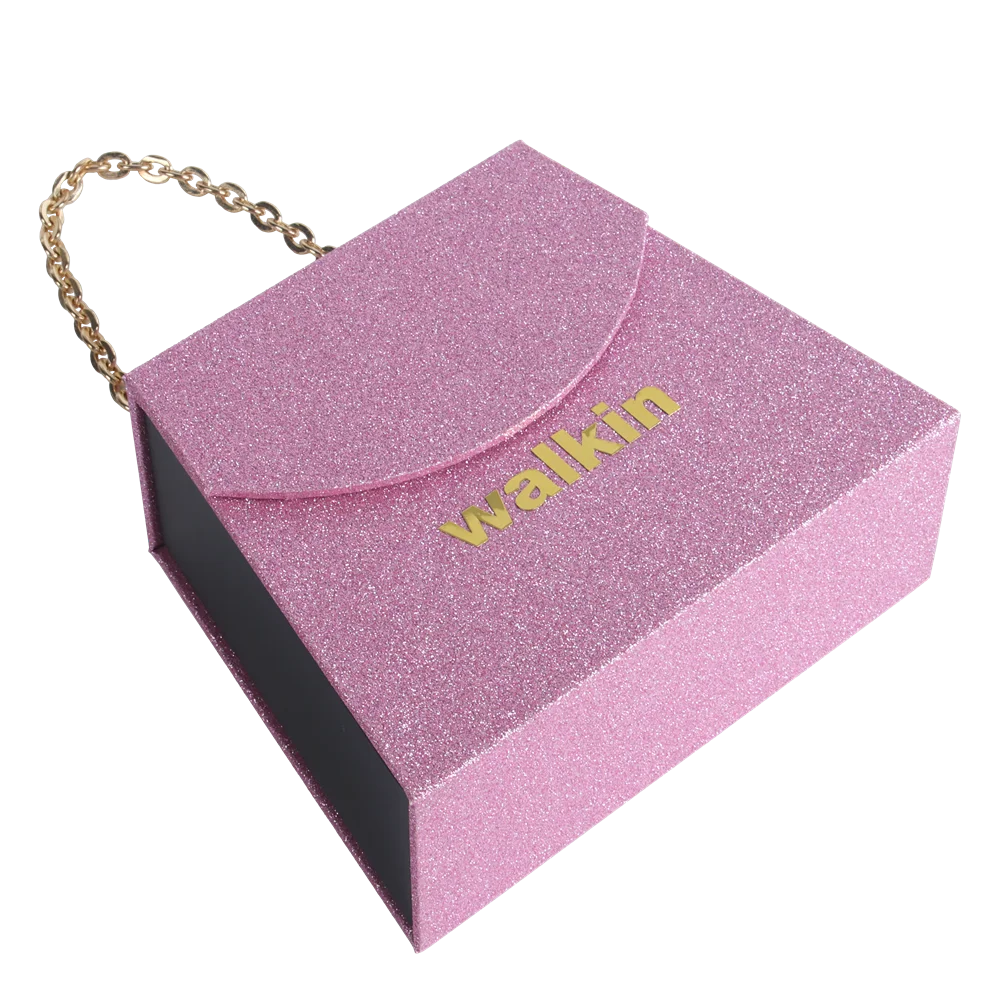 Custom Purple Magnetic Unique Handbag Design Cardboard Paper Packaging Gift Box For Perfume With Metal Chain Handle