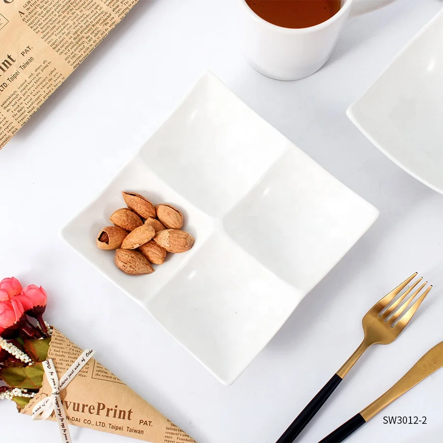 Factory wholesale white ceramic plate 4 compartment divide quadrate serving platter tray for appetizer dessert