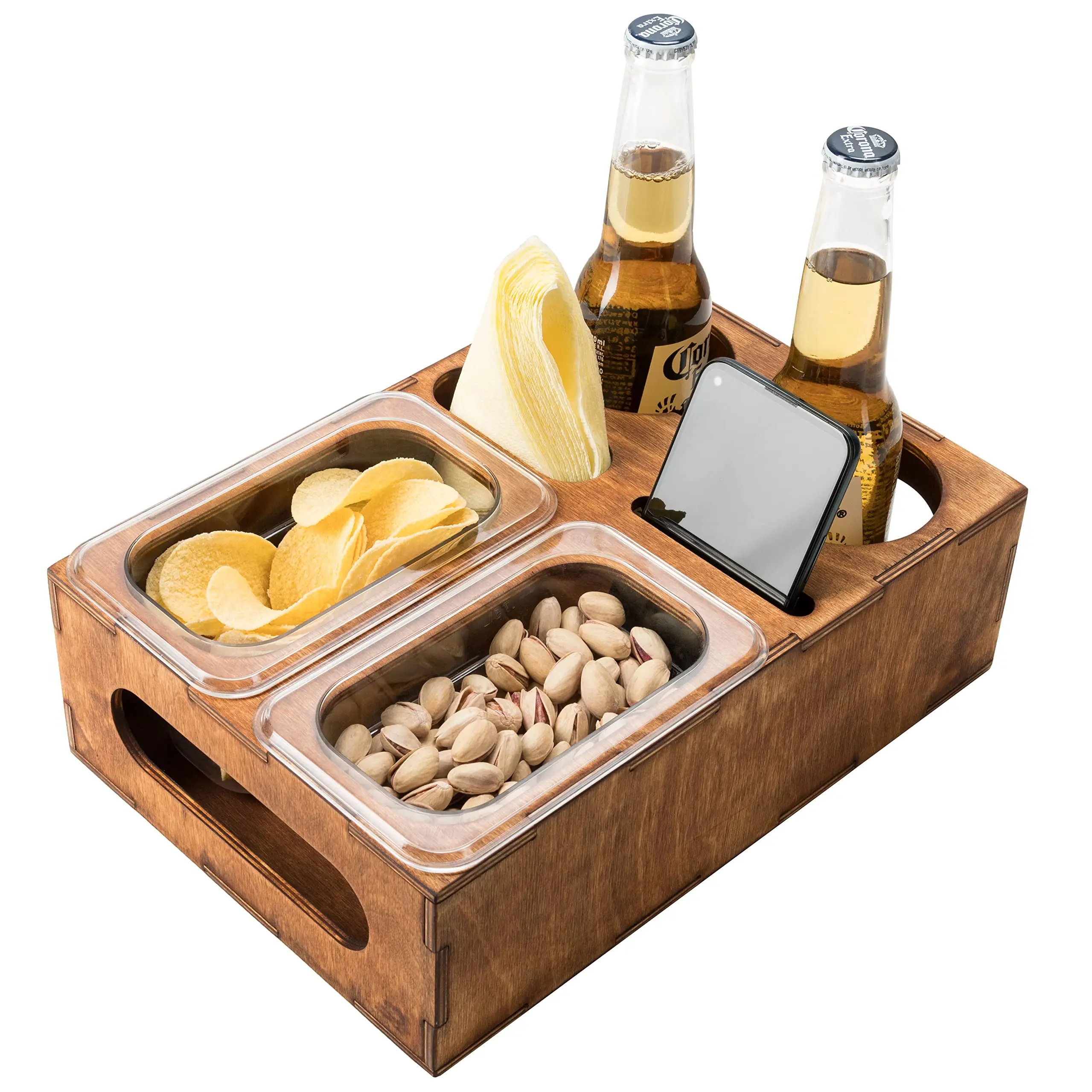 Wooden Beer Box Gift Beer Lovers Dad Couch Organizer Snacks Tray Table Stand Caddy Slots Glasses Remote Control Phone Stand