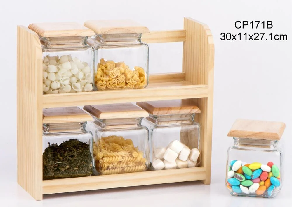 CP171W 6pcs 500ml square Glass Food Storage Jar  Candy Jar with Wooden Lid and Spoon and Wooden Rack