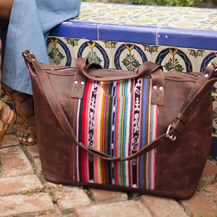 American Style Womens Bag Western Boho Serape Leather Handbag Brown Leather Serape Tote Bag