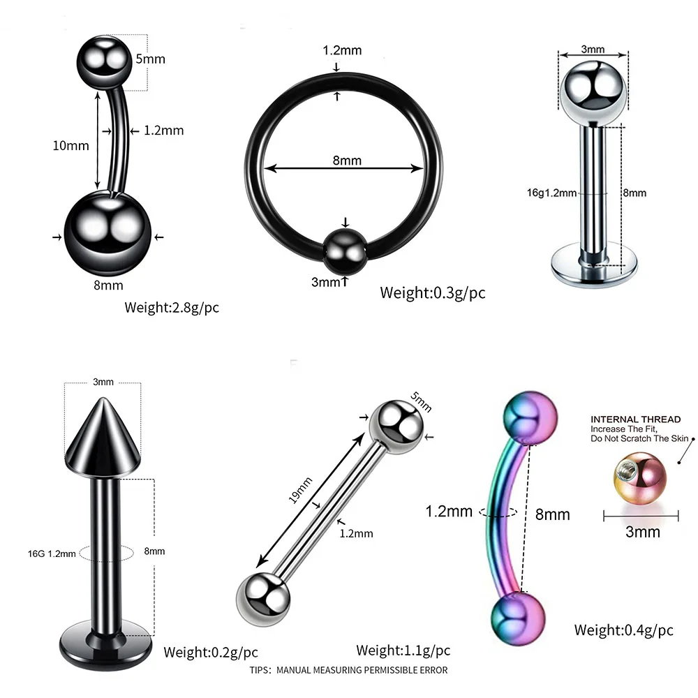OEM 40Pcs/set Stainless Steel Ear Piercings Helix Eyebrow Lip Labret Rings Earring Tragus Barbell Piercings Body Jewelry