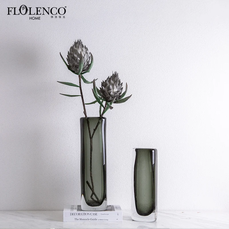 Minimalist Glass Vases Transparent Handmade Grey Tall Cylinder Clear Glass Vases For Flower Arrangements
